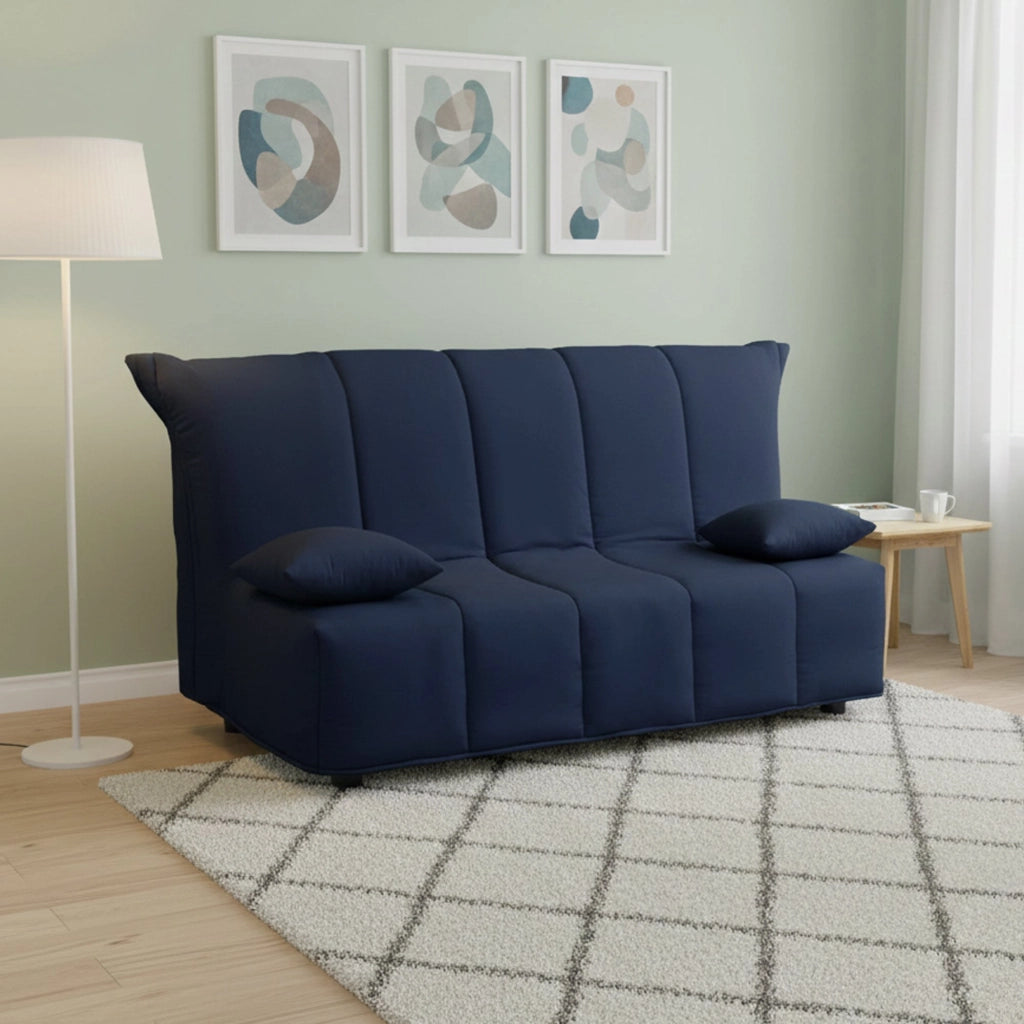 Divano Letto Ariska, Divano a 2 posti, Made in Italy, SofÒ  Soggiorno con apertura a carrello con apertura a carrello, in tessuto imbottito, con cuscini inclusi, cm 125x90h85, colore Blu