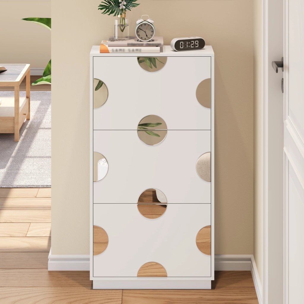 Scarpiera con 3 Ante a Ribalta e Specchio Rotondo; Struttura Verticale Salvaspazio; in MDF; 63×24×120 cm; Bianco