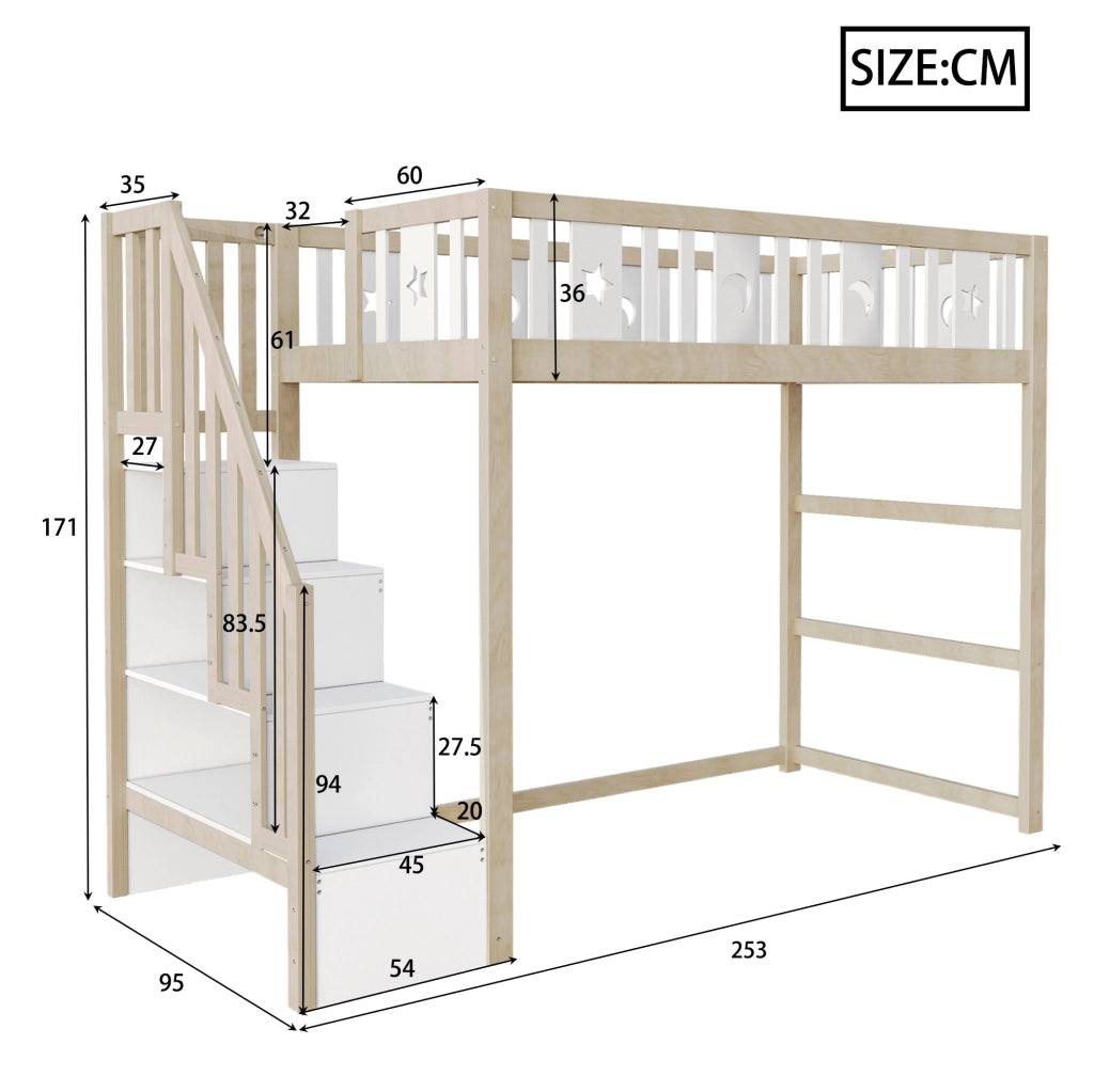 Letto a soppalco 90x200 cm bianco e naturale in legno con scala e ripiani