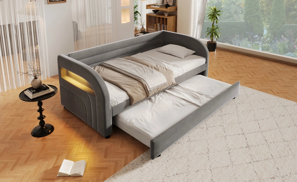 Letto piattaforma imbottito 90x200 cm con letto estraibile e illuminazione LED grigio