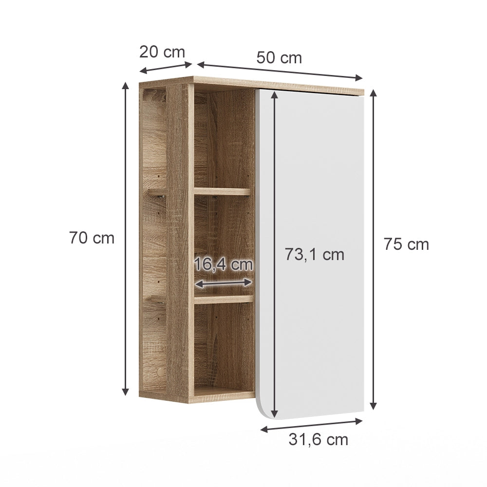 Vicco Mobile bagno Sonoma/Bianco 50 x 75 cm con anta e vani a giorno