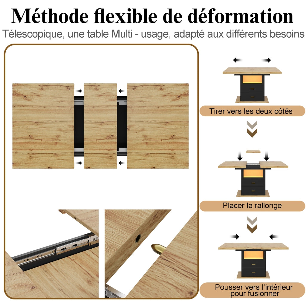 Tavolo allungabile con 2 cassetti e LED piano in MDF e metallo per cucina soggiorno e balcone nero effetto legno