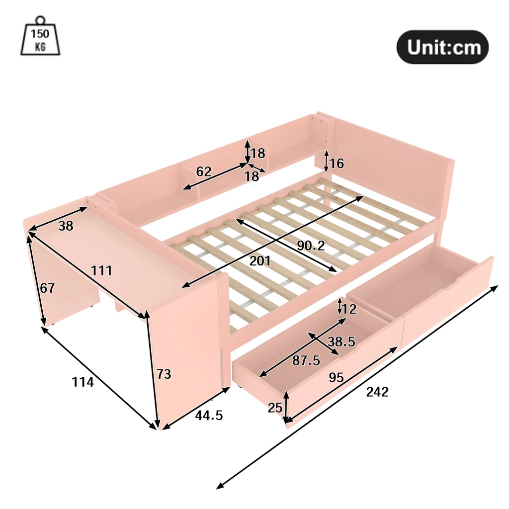 Letto basso con scrivania in pino e truciolare 90x200 cm