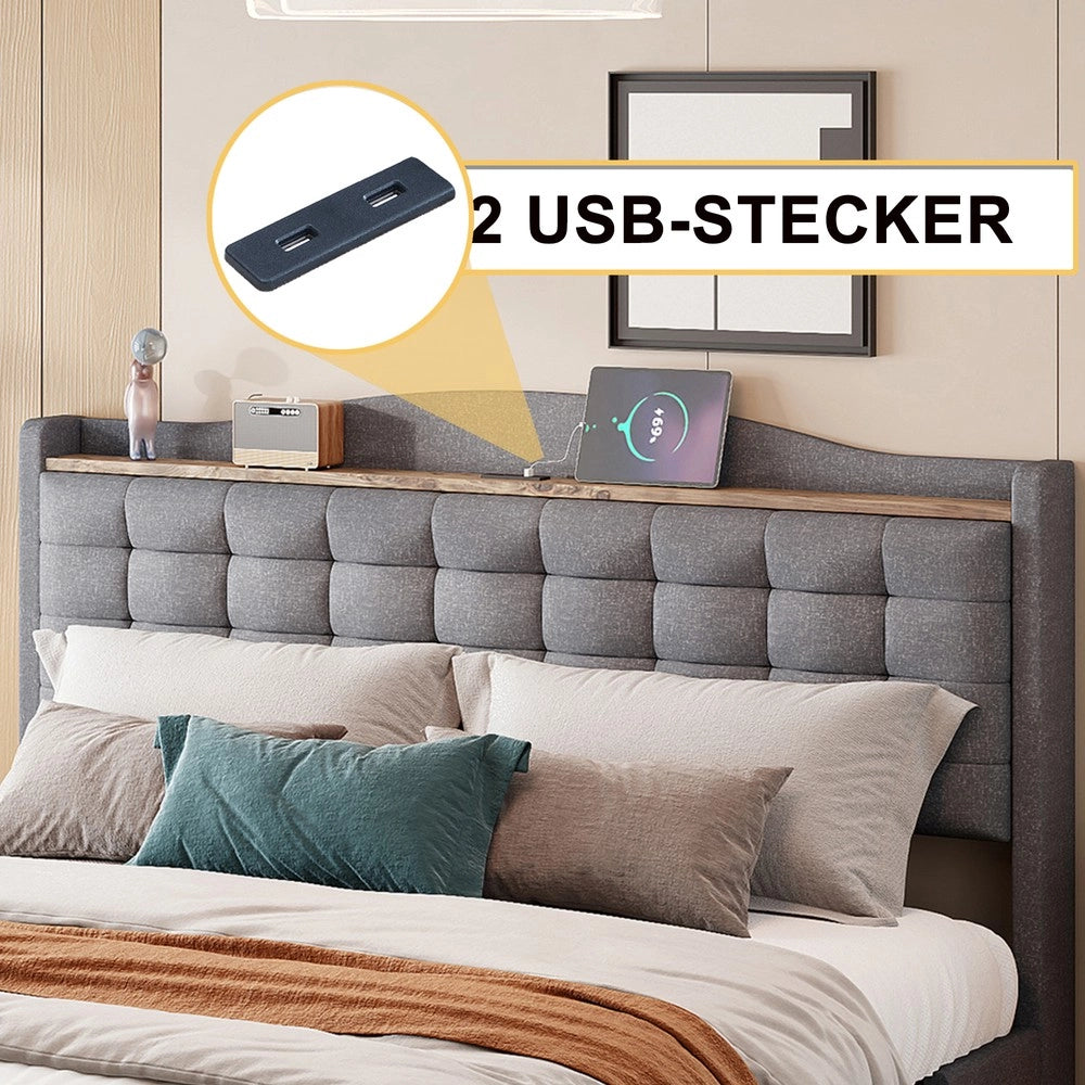 Letto Imbottito Matrimoniale con Cassetti e Comodini ¨C MINIMAL ¨C Tessuto Grigio 140x200