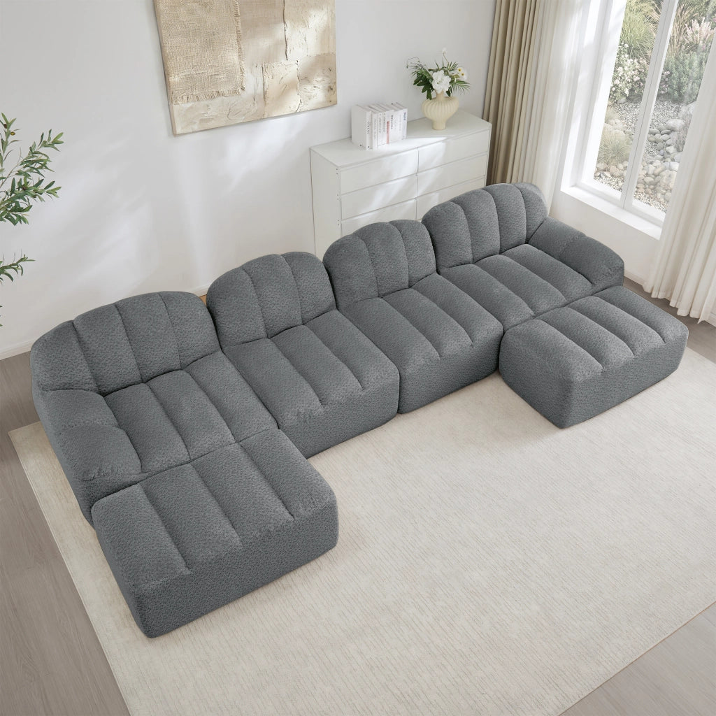 Divano modulare a U 4 posti con 2 pouf componibili seduta profonda design ergonomico in pile granulato grigio
