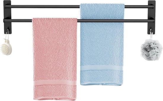 Sostegno Asciugamani Nero - Doppia Stanghetto Asciugamani - Organizzazione Bagno - Montaggio Senza Forare - 80 cm Lunghezza - Mat Nero