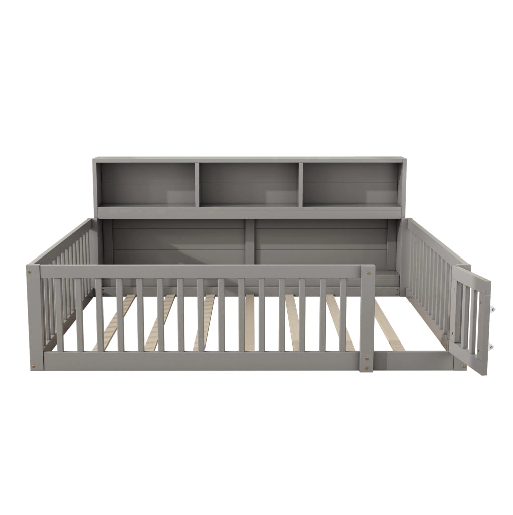 Letto daybed 205x164.5x87 cm con sponde di sicurezza e vani laterali in legno di pino e MDF grigio