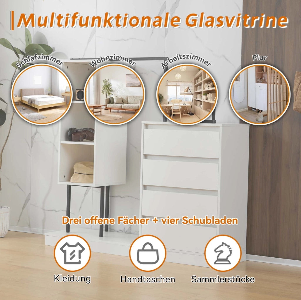 Armadio contenitore bianco con 4 cassetti e vani aperti, 140×40×135 cm