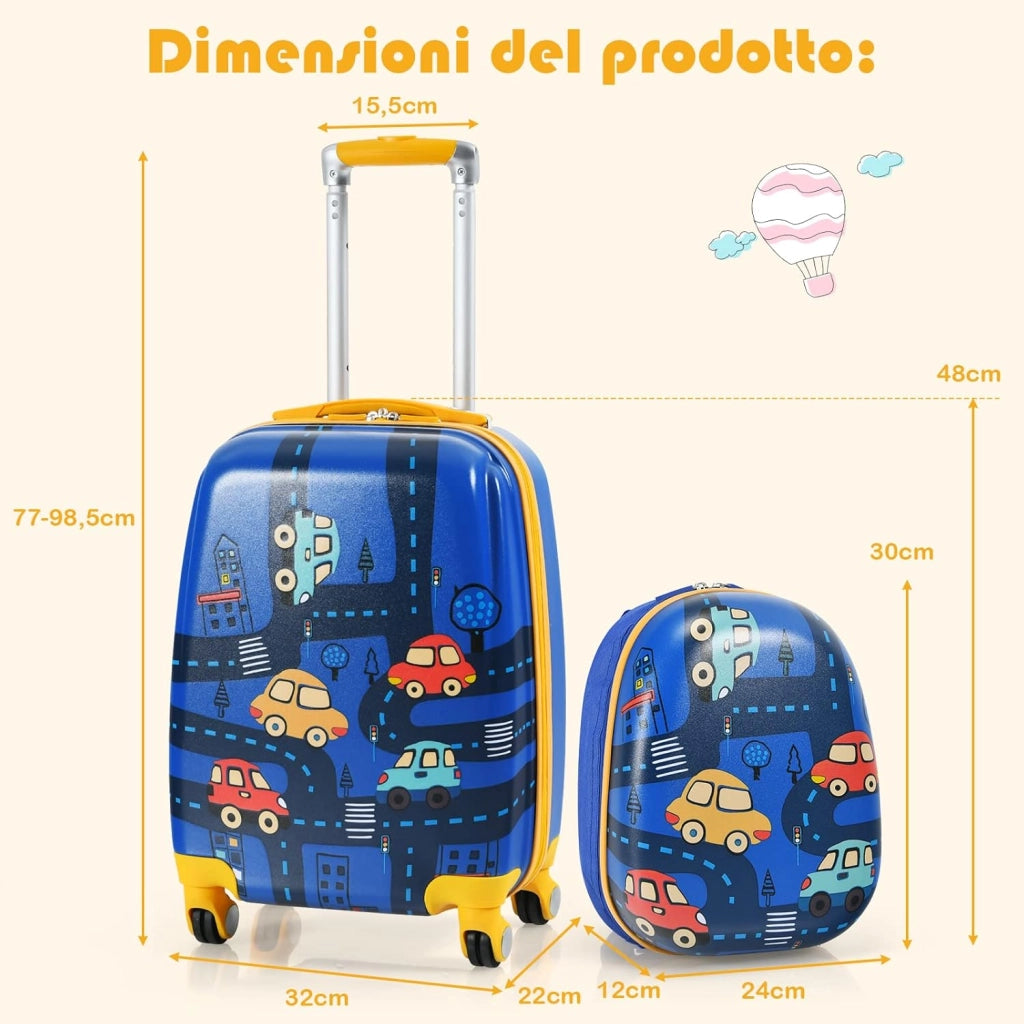 Set di Valigia per Bambini, 16" Valigia+ 12" Zaino, 2 Pezzi, con Ruote Girevoli a 360° e Maniglia Retrattile, Ideale per Viaggiare in Modo Comodo e Divertente (Modello 19)