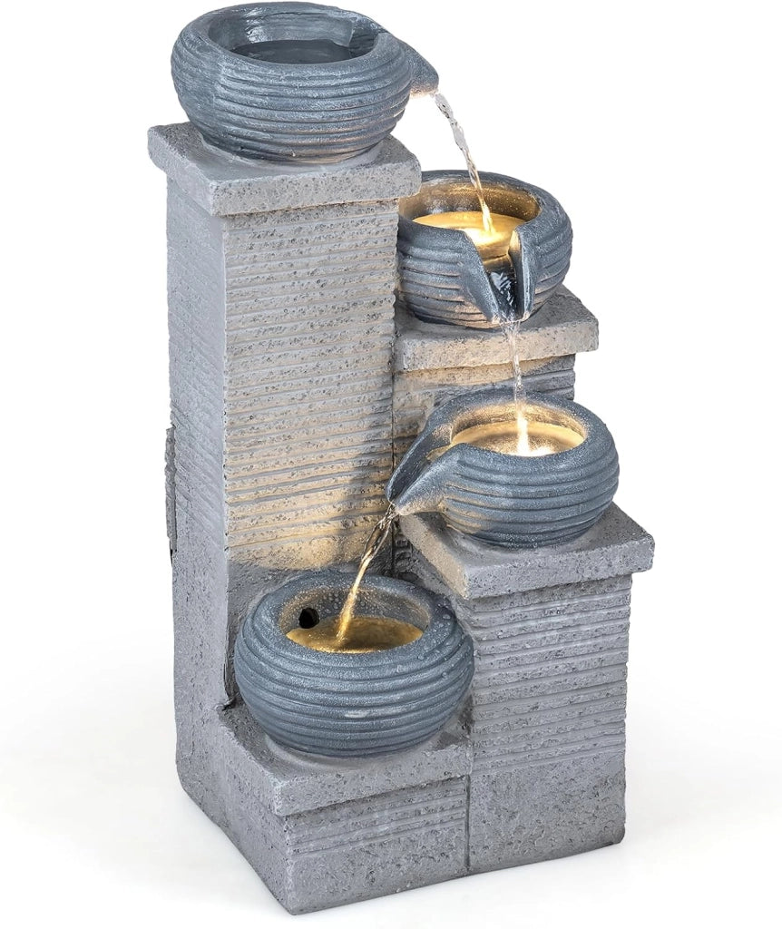 Fontana da Giardino a 4 Livelli, Fontana Cascata da Esterno in Resina con 3 Luci LED, Pompa Silenziosa e Velocità Regolabile, Fontanella Decorativa per Terrazze e Cortile, 28 x 22 x 58 cm