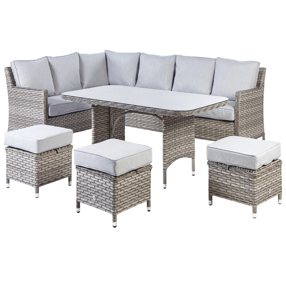 Set di divani da giardino in rattan PE a 9 posti, grigio, con tavolo e pouf cuscini grigi