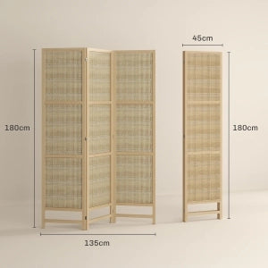 Paravento pieghevole a 3 pannelli 135 x 180 cm in rattan con struttura in legno di pino, naturale
