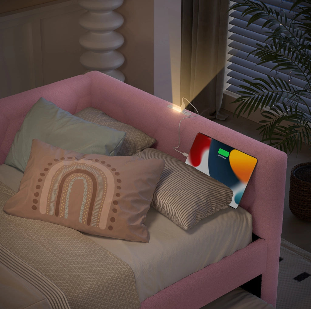 Letto singolo rosa 90x200 cm con letto estraibile, USB/Type-C e lampada