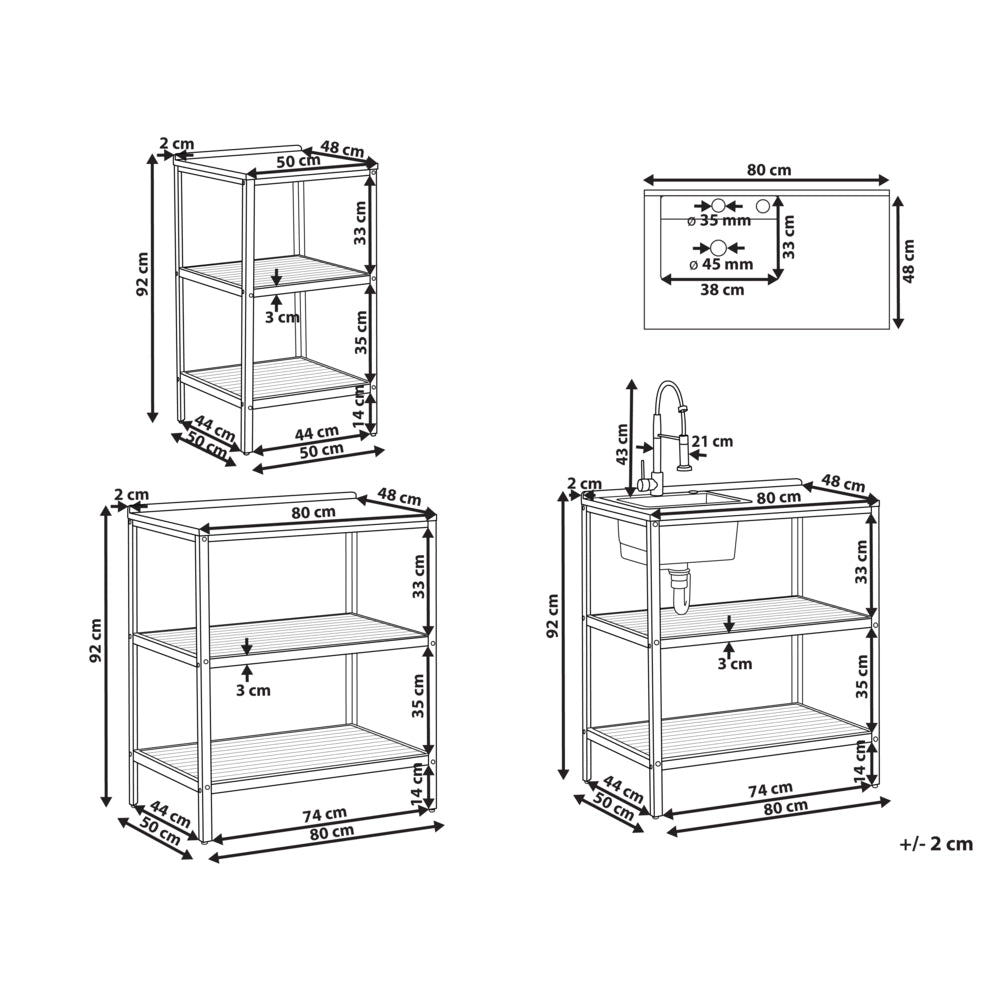 Cucina da esterno 3 elementi in legno di acacia con lavello e rubinetto in acciaio inox in legno massiccio marrone e nero