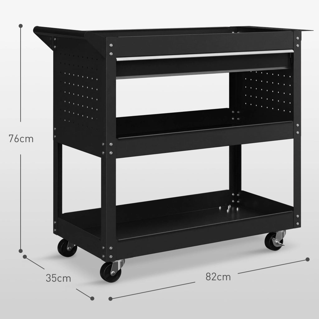 Carrello da lavoro a 3 livelli con cassetto e porta attrezzi ¨C zephmum ¨C nero 82x35x76 cm