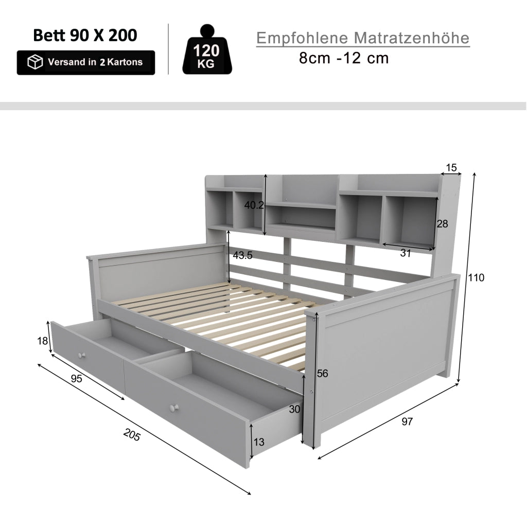 Letto singolo per bambini - Zephmum- 90x200 cm, cassetti, ripiani, rete a doghe, legno massello grigio