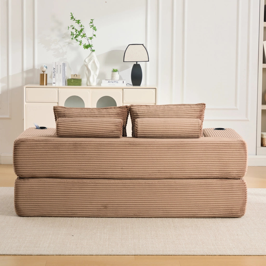 Divano letto multifunzionale in corduroy con tasche laterali, portabicchieri e cuscini memory
