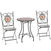 Mobili da Giardino Set da 3 Pezzi con 2 Sedie Pieghevoli e 1 Tavolino, in Metallo e Ceramica