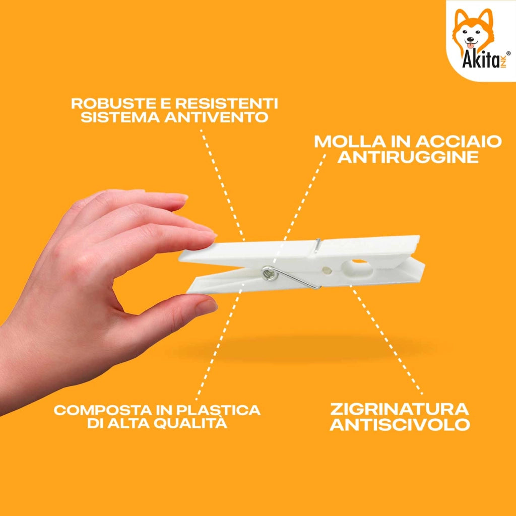 Mollette Bucato Akitaink 100 Pezzi Plastica Bianche Robuste