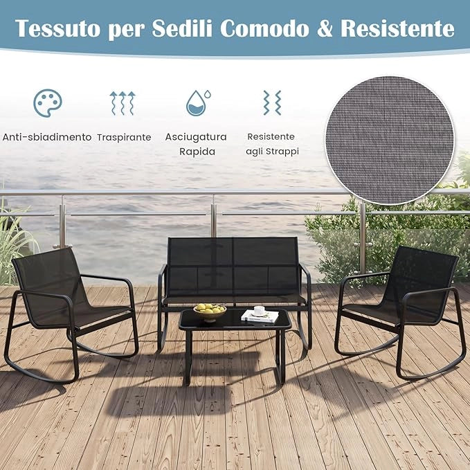 Set da Giardino 4 Pezzi in Tessuto Textilene, Set da Bistrò da Patio, Set tavolo e sedie con Tavolino in Vetro, 2 Sedie e Divanetto a Dondolo, per Giardino Coltile (Nero)