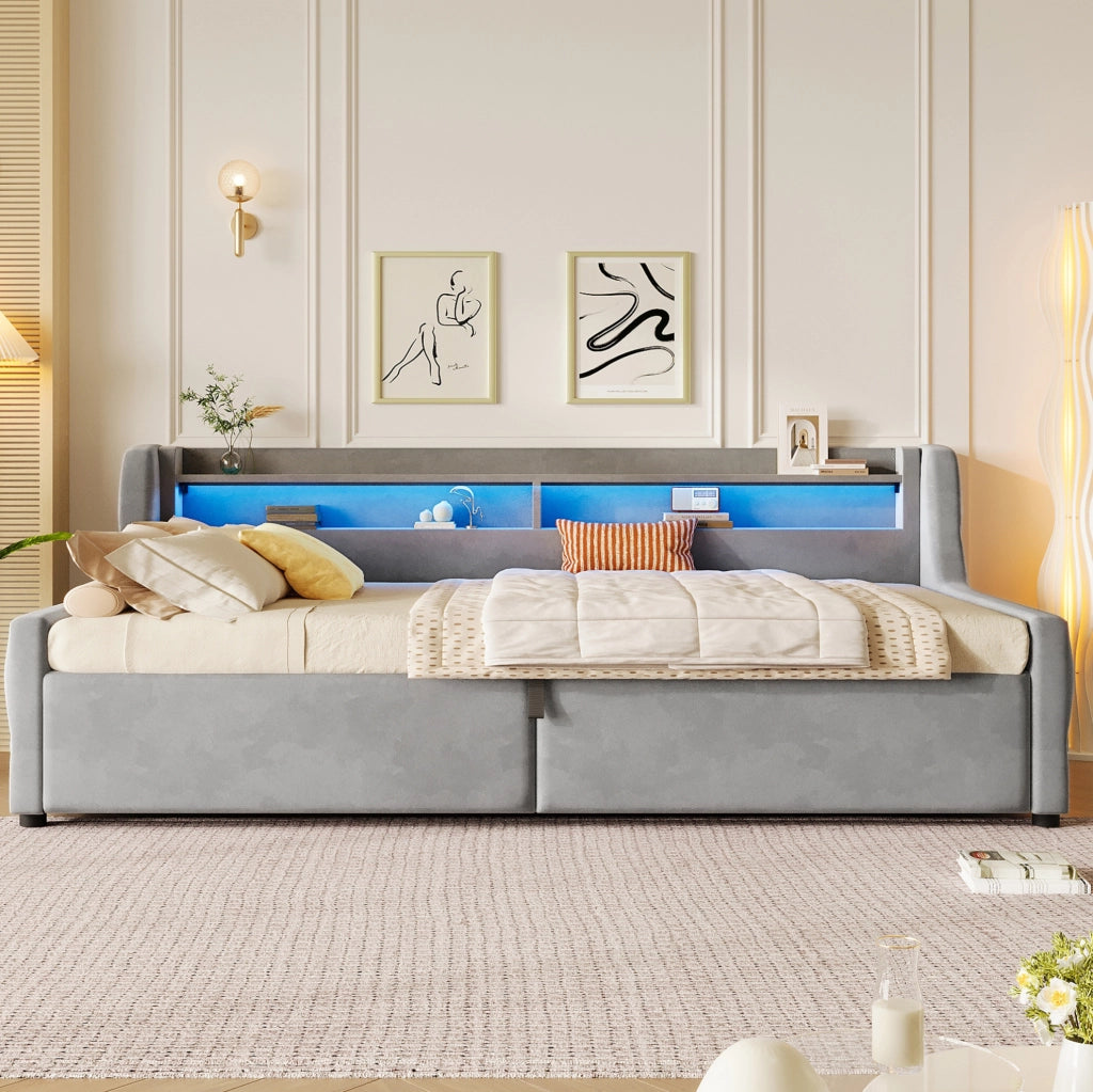 Letto singolo imbottito 90x200 cm in flanella grigia con contenitore idraulico e LED
