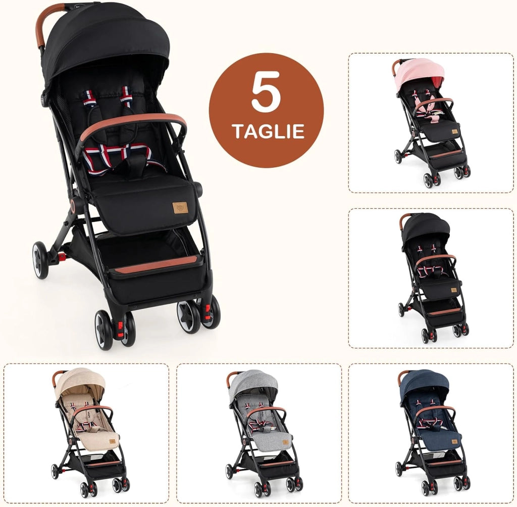 Passeggino Leggero per Bambini, con Schienale e Poggiapiedi Regolabili, Cappottina e Zanzariera, Compatto e Pieghevole, per Bambini 0-3 Anni, fino a 15 kg (Nero)