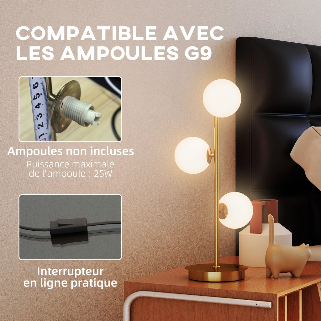 Lampada da comodino con 3 paralumi globo ¨C zephmum ¨C base in acciaio, ottone, H 53 cm