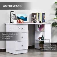 Scrivania Porta PC per Camera e Ufficio con Cassettiera e Ripiani Portaoggetti in Legno 120x49x72cm Bianco