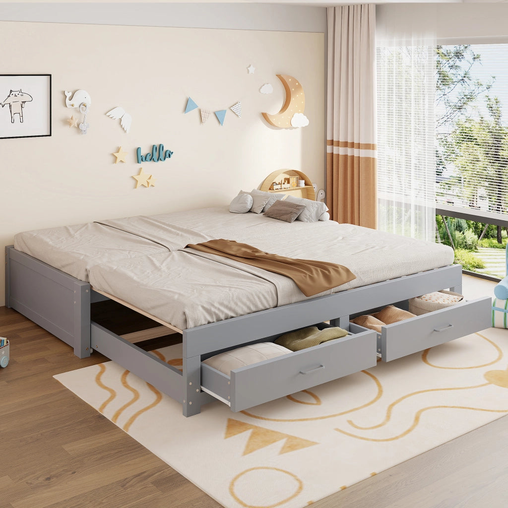 Divano letto in legno estraibile 90/180 x 190 cm con 2 cassetti, rete a doghe, grigio