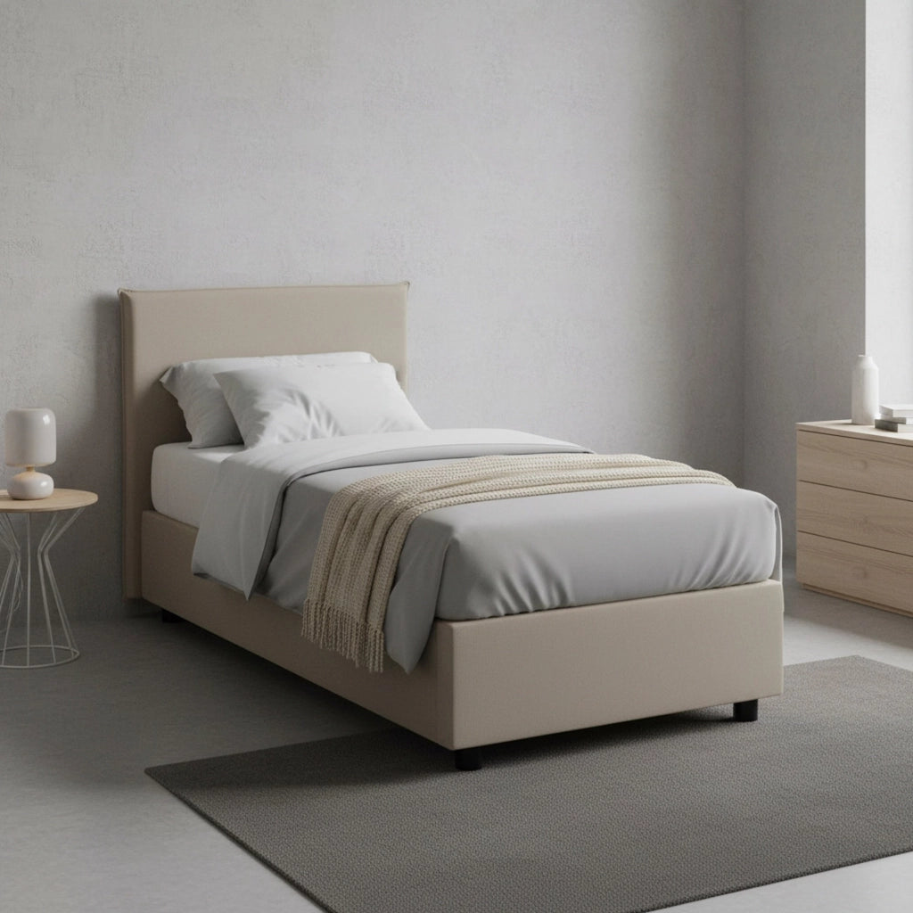 Letto singolo Adrama, Letto contenitore con rivestimento in ecopelle, Made in Italy, Apertura laterale, con materasso cm 80x190 incluso, Tortora