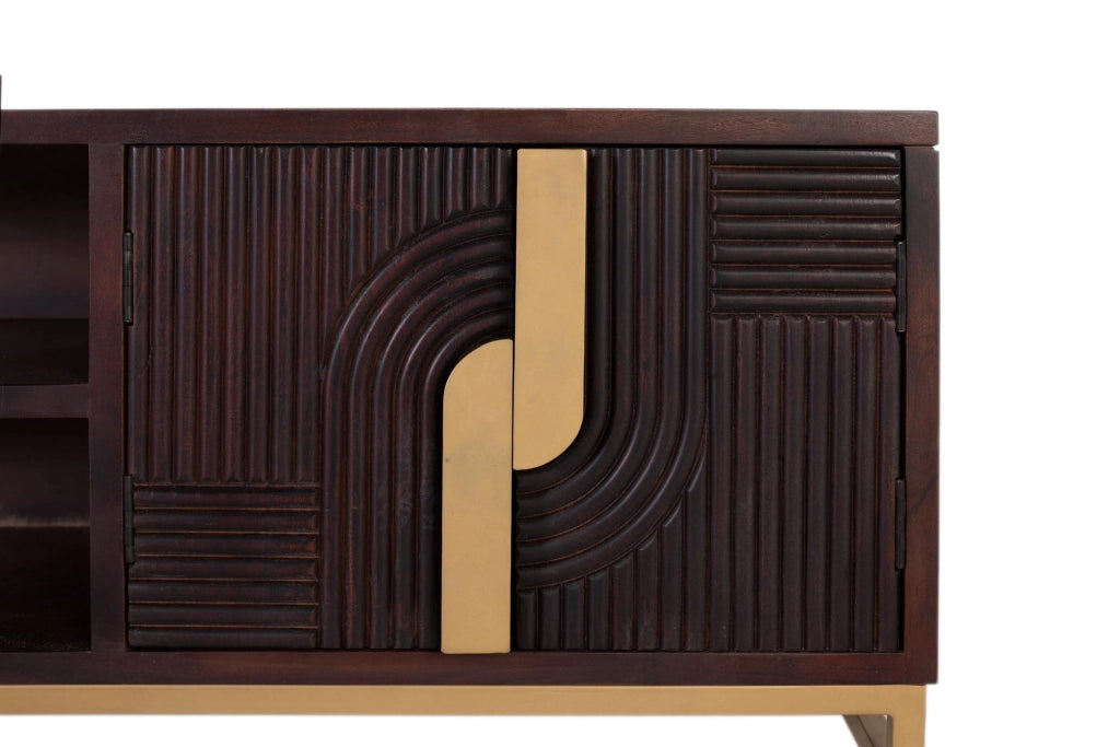 Mobile TV in legno massello di mango con base in metallo dorato