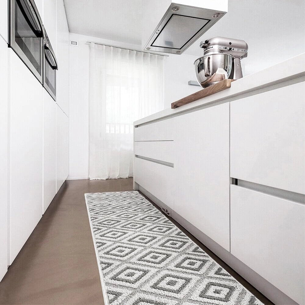 Tappeto Casa Cucina Rombi 3D 50X115 Cm Bordato Moderno Assorbente Antiscivolo Grigio
