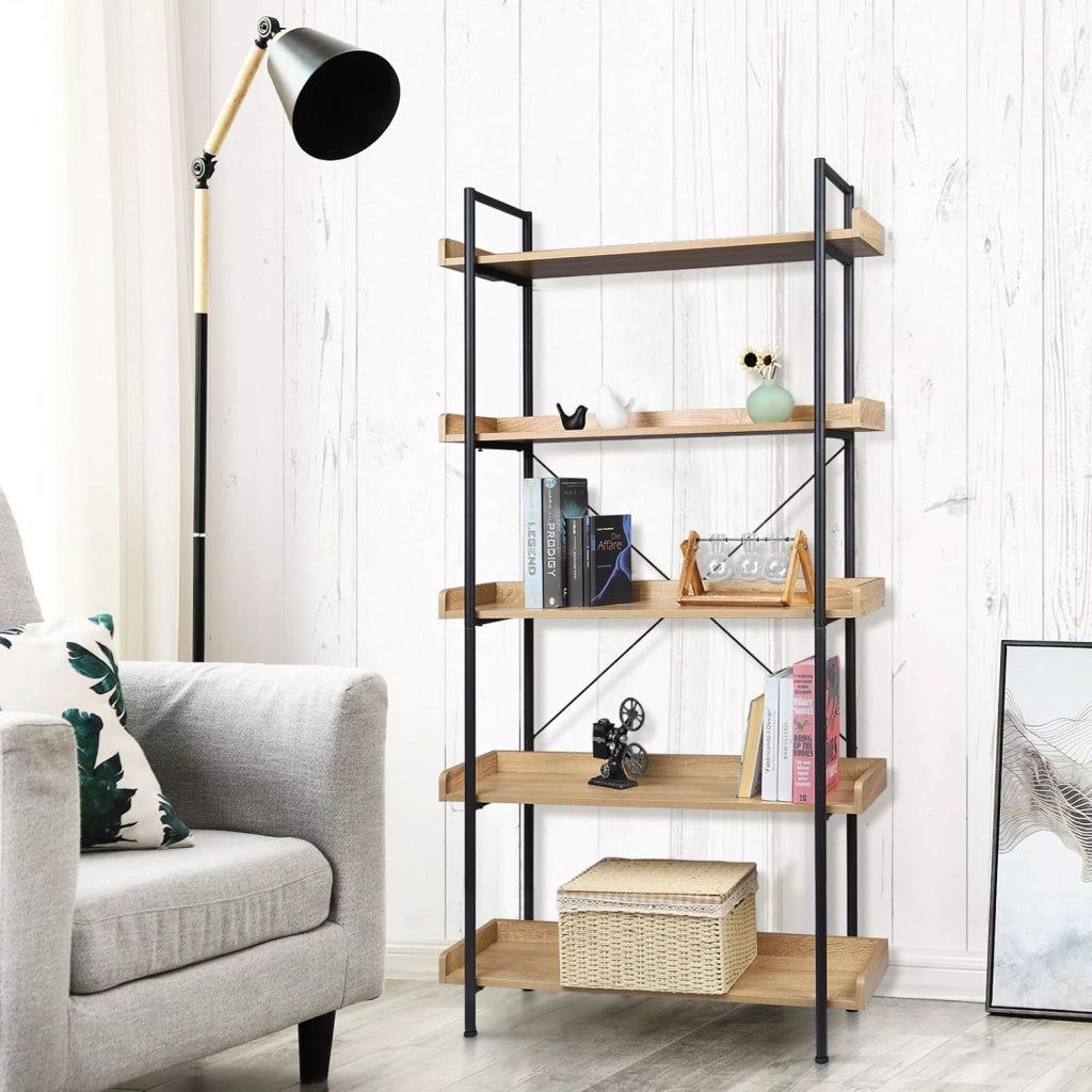 Scaffale per Libri con 5 Ripiani Aperti, Libreria con Struttura in Metallo per Soggiorno/Camera da Letto/Studio, 91x30x173 cm, Rovere Chiaro