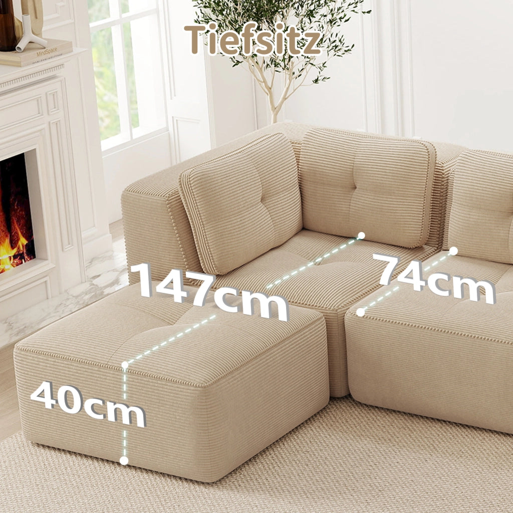 Divano angolare modulare in corduroy; 297 x 177 x 69 cm; beige