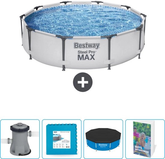 Piscina Rettangolare Acciaio Pro MAX - 305 x 76 cm - Grigio - Incluso Pompaggio - Piastrelle per Piscina - Copertura per Piscina - Guida alla Piscina