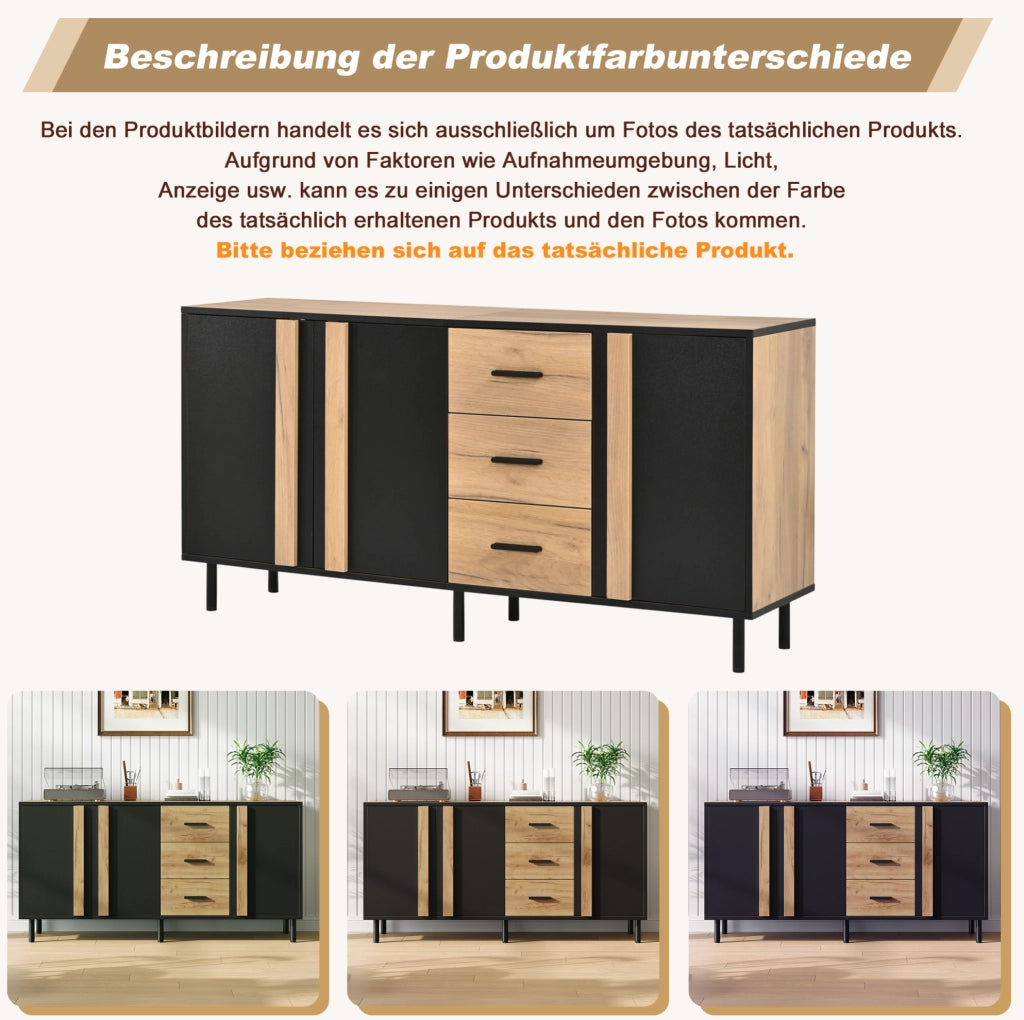 Credenza 140x35x70 cm in MDF con 3 ante e 3 cassetti; nero e effetto legno