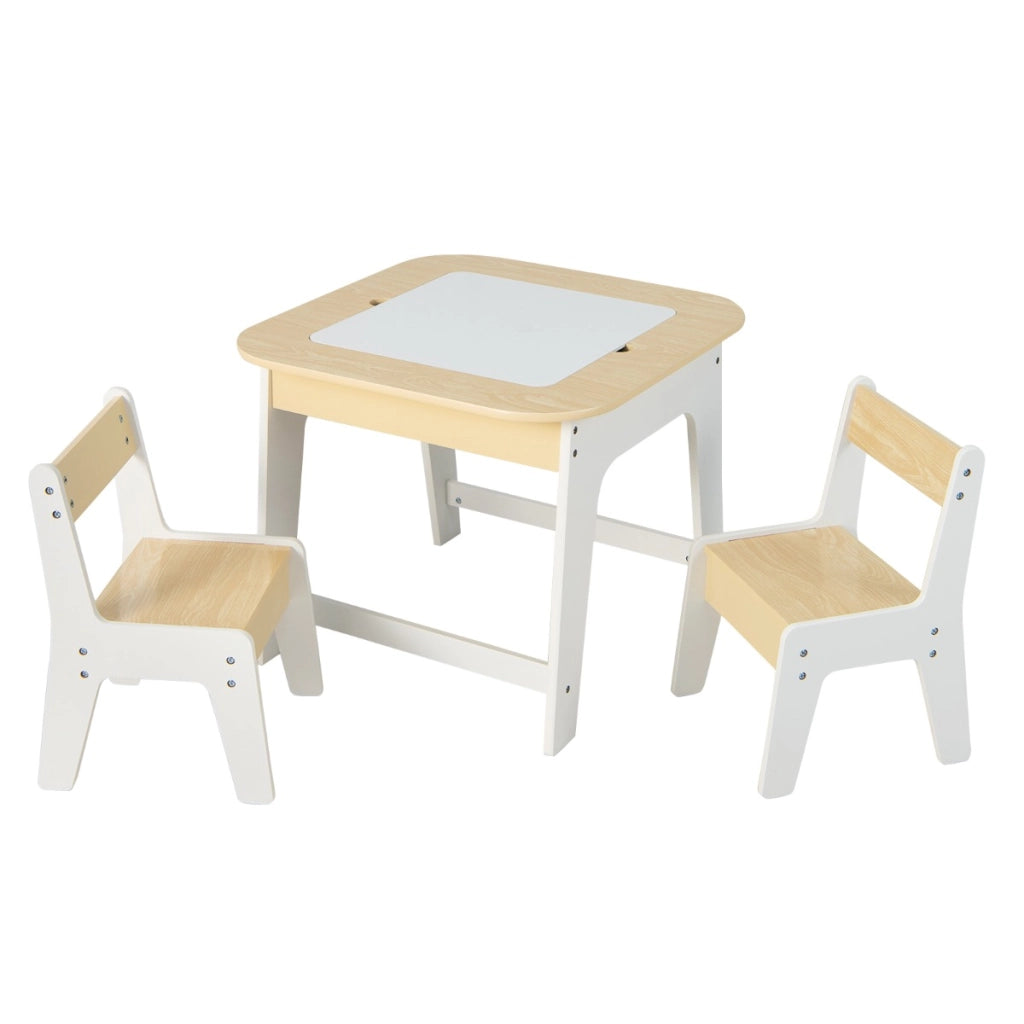 Set tavolo e sedie per bambini con piano lavagna reversibile vano nascosto, Tavolo e 2 sedie ergonomiche Naturale-Tavoli e sedie