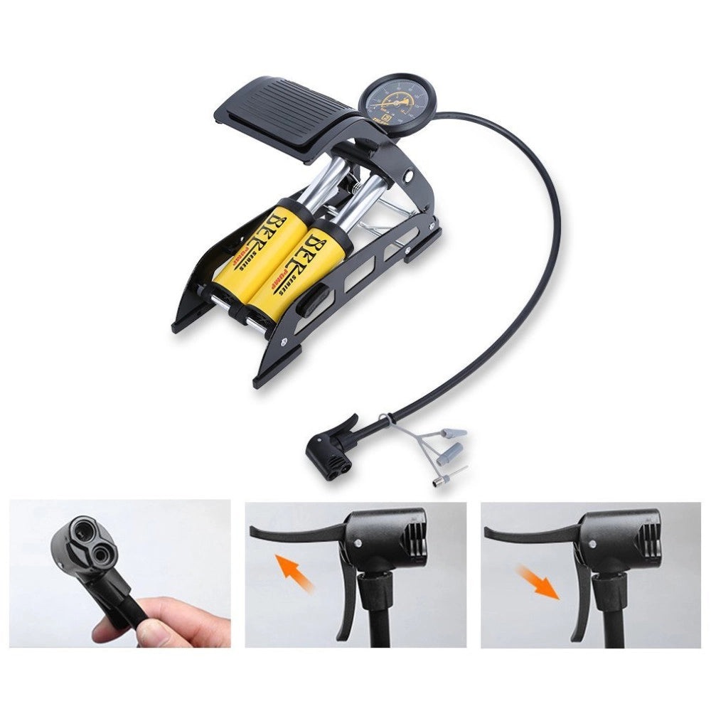 Trade Shop - Gonfiatore Pompa A Pedale Manometro A 2 Cilindri Bici Auto Moto 10 Bar 160 Psi -