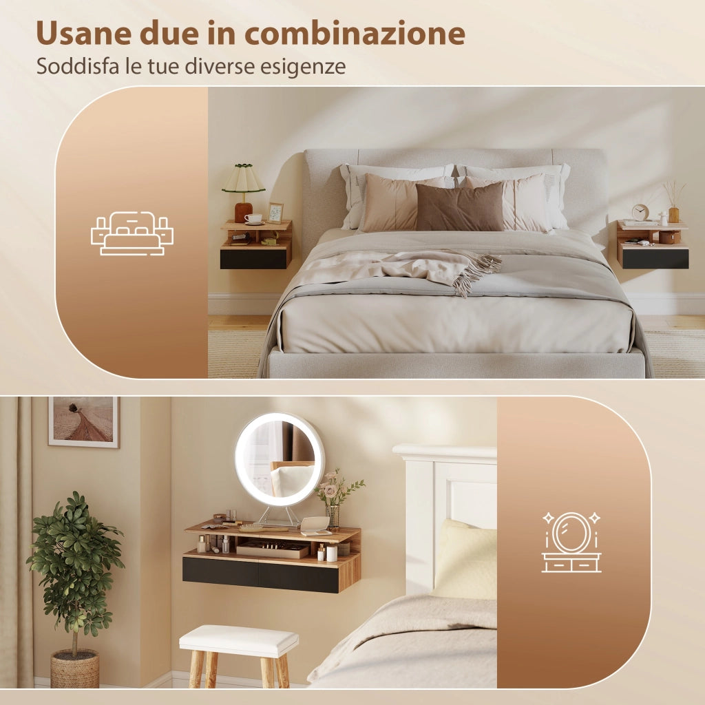 Set di 2 Comodini Sospesi con Cassetto e Mensola Aperta, 35x32x22.5 cm, Nero e Rovere