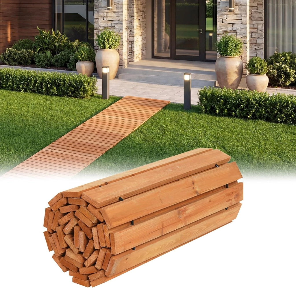 Passerella Arrotolabile per Giardino, Sentiero da Giardino con Filo di Ferro e Consistenza Antiscivolo Resistente alle Intemperie, Percorso in Legno per Cortile e Spiaggia (245 x 55 x 1,5 cm)
