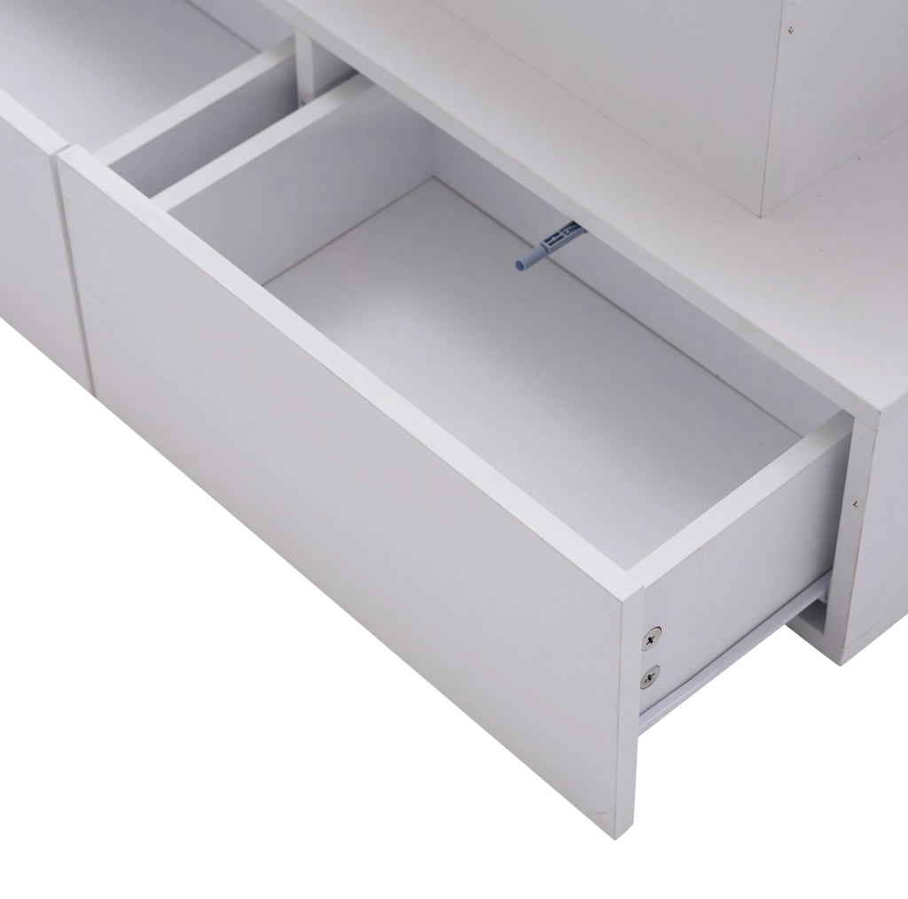 Tavolino da caffè 90x55x41 cm; illuminazione LED e 4 cassetti; truciolare bianco