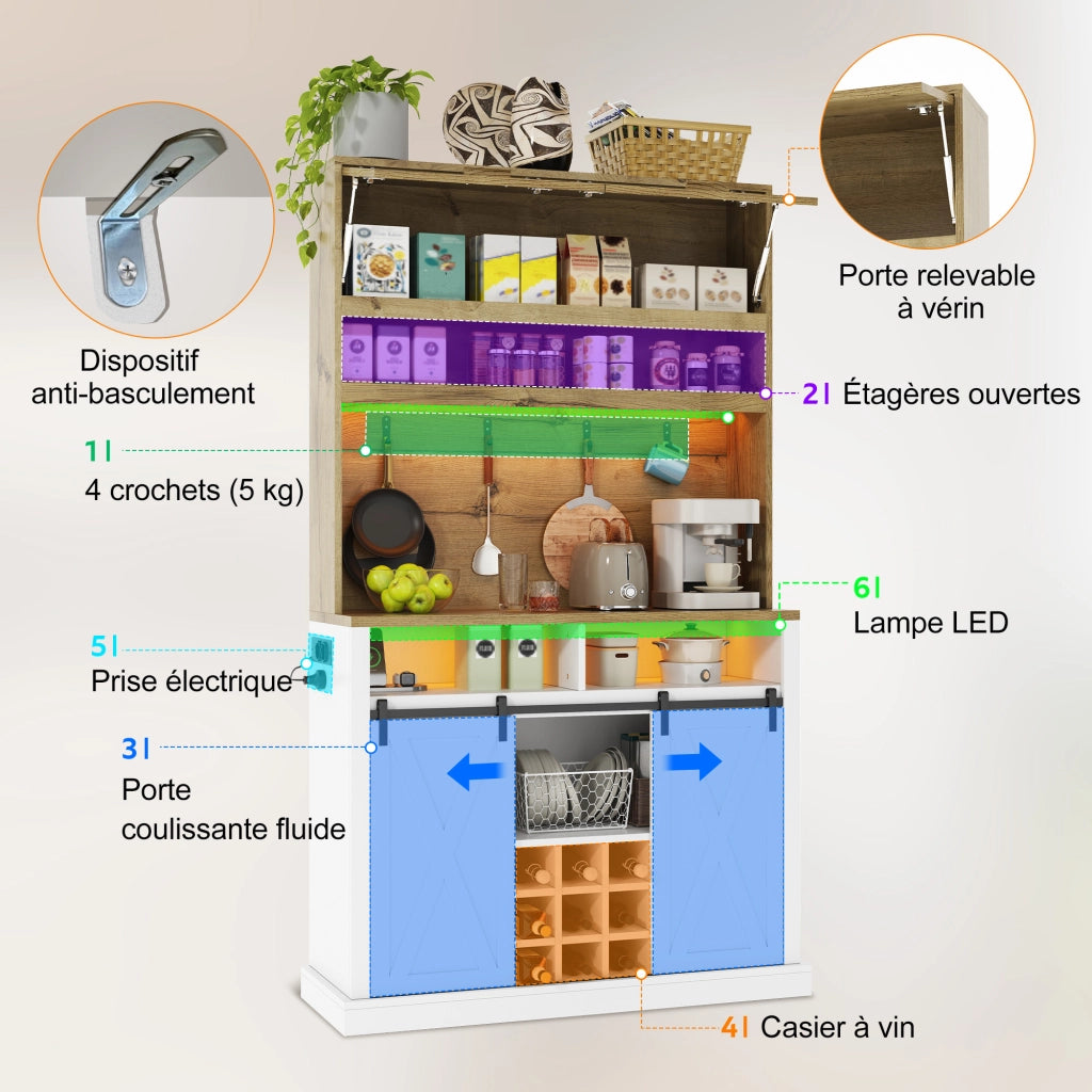Credenza da cucina con LED; ripiani aperti; ante scorrevoli e ganci; per cucina e sala da pranzo; 40 × 110 × 191 cm