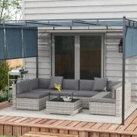 Set Salotto da Giardino da 7 Pezzi Modulari, Tavolino con Piano in Vetro Temperato, Cuscini Sfoderabili Inclusi, Grigio