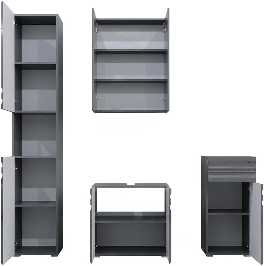 Set mobili bagno Fredd, Antracite lucido, 56 cm, composto da mobile lavabo, pensile a specchio, colonna e base media