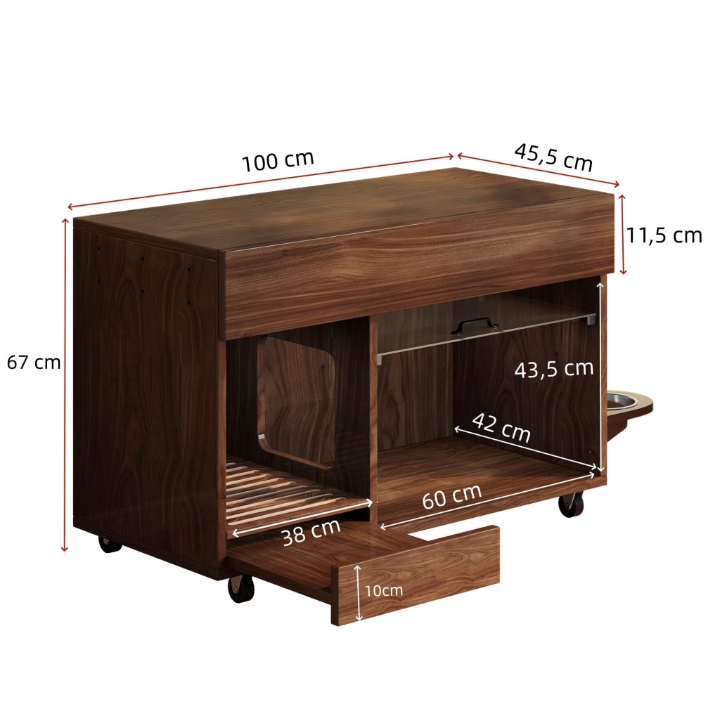 Mobile copri lettiera per gatti con cassetti e ruote; MDF noce; 100 x 45;5 x 67 cm