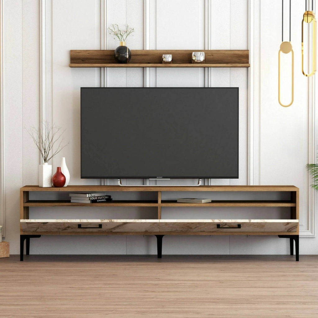 Parete attrezzata Oho, Composizione soggiorno, Mobile salotto multiuso, Armadio porta TV, 180x35h47 cm, Noce e Bianco Marmo
