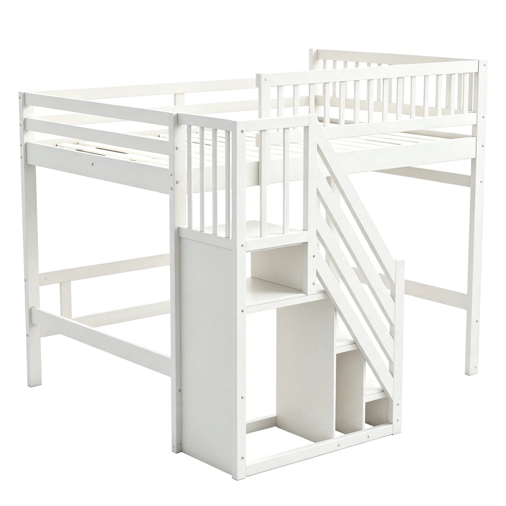 Lettino rialzato 140x200 cm in legno massello con scala contenitore; bianco