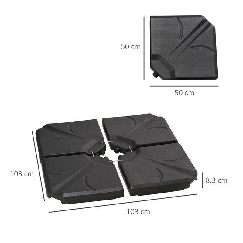 BASE PER OMBRELLONE IN HDPE DA 4 PEZZI, RIEMPIBILI CON ACQUA E SABBIA MAX 18KG, 103X103X8.3 CM, NERO