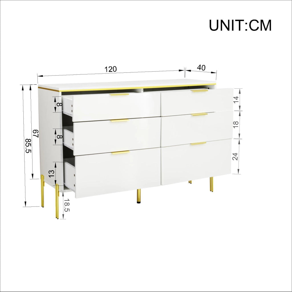 Credenza con 6 Cassetti e Maniglie Dorate; Frontali Lucidi; Stile Moderno; in Pannello Truciolare; Bianco; 120??40??85;5 cm