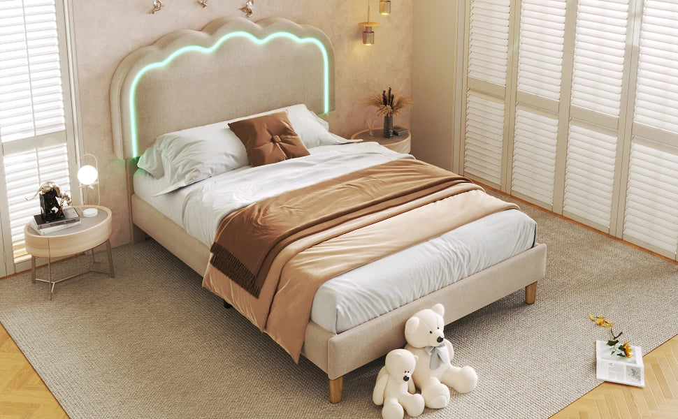 DESMIU Letto Singolo 1 Posto con LED Regolabile e Testiera Regolabile 90 × 200 cm, senza materasso, Beige